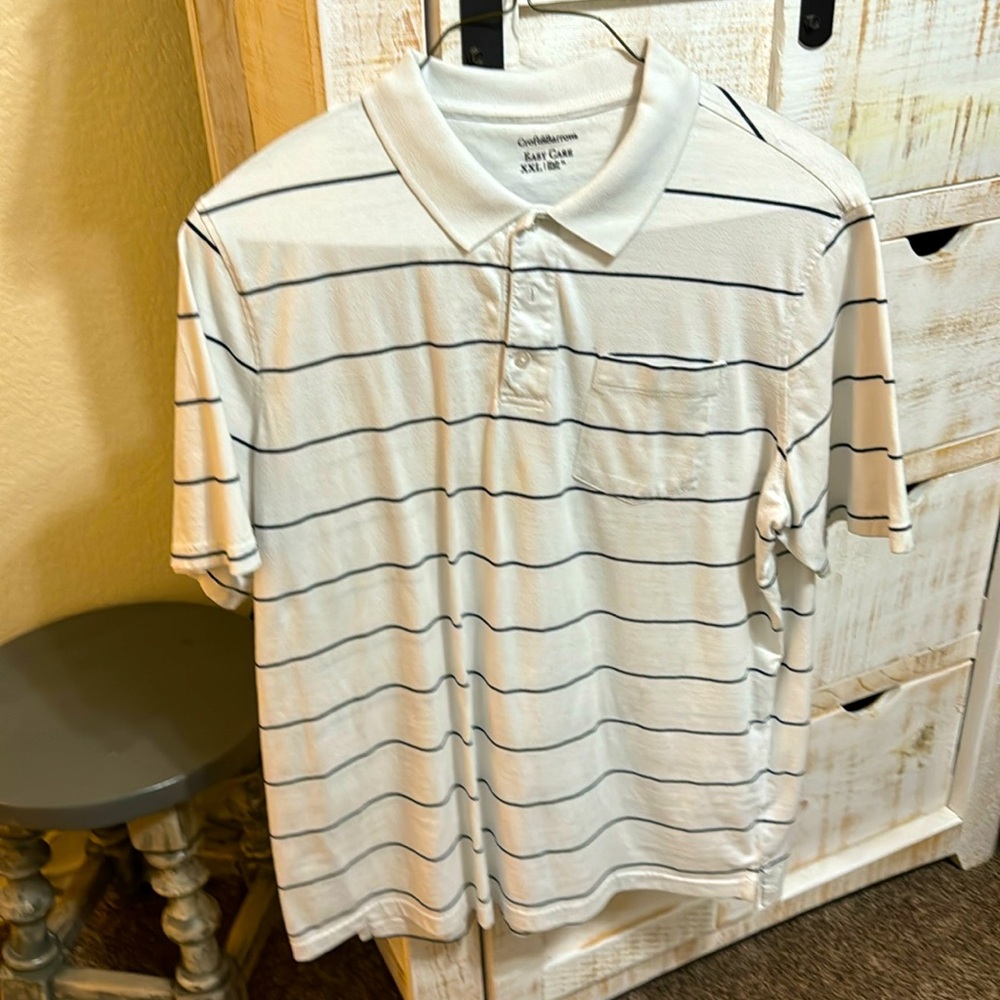 White with blue pinstripe pull over with pocket